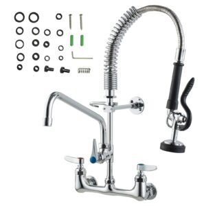 Wall-Mounted Brass Kitchen Faucet, 21" Tall, 8" Installation Width, Includes 12" Rotating Spout and Pull-Down Sprayer, Suitable for Single, Double, or Triple Sinks