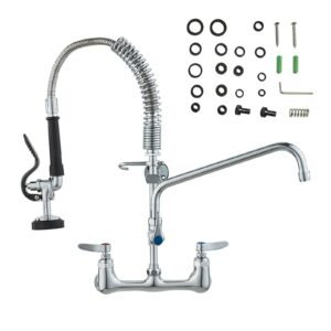 wall mounted brass kitchen faucet, 21" tall, 8" installation width, includes 12" rotating spout and pull down sprayer, suitable for single, double, or triple sinks