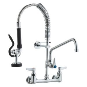wall mounted brass kitchen faucet, 21" tall, 8" installation width, includes 12" rotating spout and pull down sprayer, suitable for single, double, or triple sinks