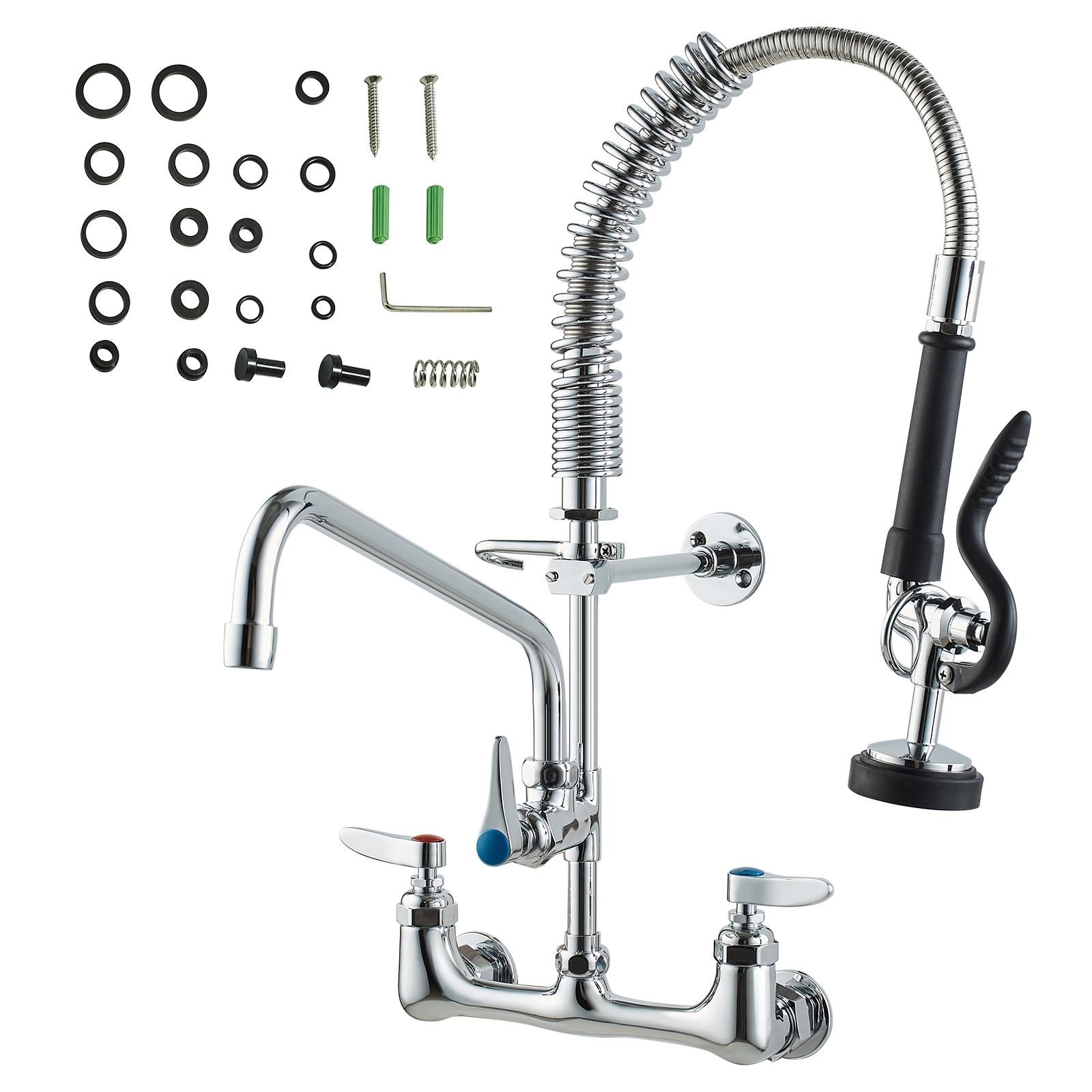 wall mounted brass kitchen faucet, 21" tall, 8" installation width, includes 12" rotating spout and pull down sprayer, suitable for single, double, or triple sinks