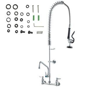 wall mounted brass kitchen faucet, 36" tall, 8" installation width, includes 12" rotating spout and pull down sprayer, suitable for single, double, or triple sinks