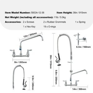 wall mounted brass kitchen faucet, 36" tall, 8" installation width, includes 12" rotating spout and pull down sprayer, suitable for single, double, or triple sinks