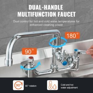 Wall-Mounted Brass Kitchen Faucet, 36" Tall, 8" Installation Width, Includes 12" Rotating Spout and Pull-Down Sprayer, Suitable for Single, Double, or Triple Sinks
