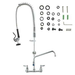 wall mounted brass kitchen faucet, 36" tall, 8" installation width, includes 12" rotating spout and pull down sprayer, suitable for single, double, or triple sinks