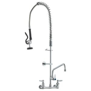 wall mounted brass kitchen faucet, 36" tall, 8" installation width, includes 12" rotating spout and pull down sprayer, suitable for single, double, or triple sinks