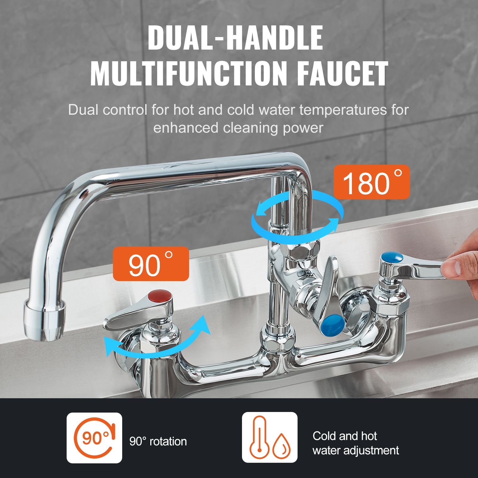 wall mounted brass kitchen faucet, 36" tall, 8" installation width, includes 12" rotating spout and pull down sprayer, suitable for single, double, or triple sinks