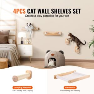 wall mounted cat shelves, cat wall shelves and perches with jumping posts & hammocks, cat furniture set up to 40 lbs, removable & washable coral fleece for sleeping, playing, climbing, set of 4