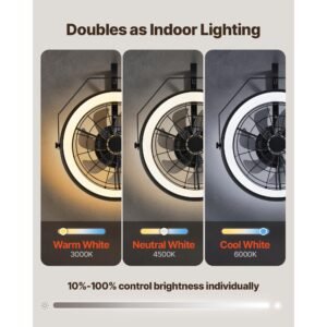 wall mounted fan with lights, 22 inch wall mount fan with remote, 6 speeds plug in wall fan, reversible, dimmable 3 color lighting, timer, 360°adjustable tilt for workshop, patio, home
