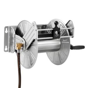 wall mounted garden hose reel, holds 150 ft 5/8 inch water hose winder, heavy duty stainless steel, outdoor manual reel with brass fitting & hose guide, space saving, for yard lawn garage