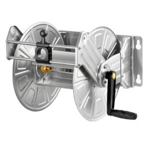 wall mounted garden hose reel, holds 150 ft 5/8 inch water hose winder, heavy duty stainless steel, outdoor manual reel with brass fitting & hose guide, space saving, for yard lawn garage
