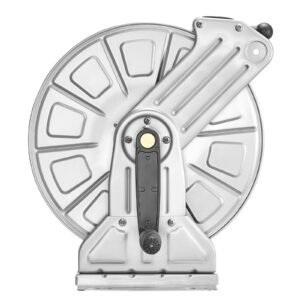 wall mounted garden hose reel, holds 150 ft 5/8 inch water hose winder, heavy duty stainless steel, outdoor manual reel with brass fitting & hose guide, space saving, for yard lawn garage