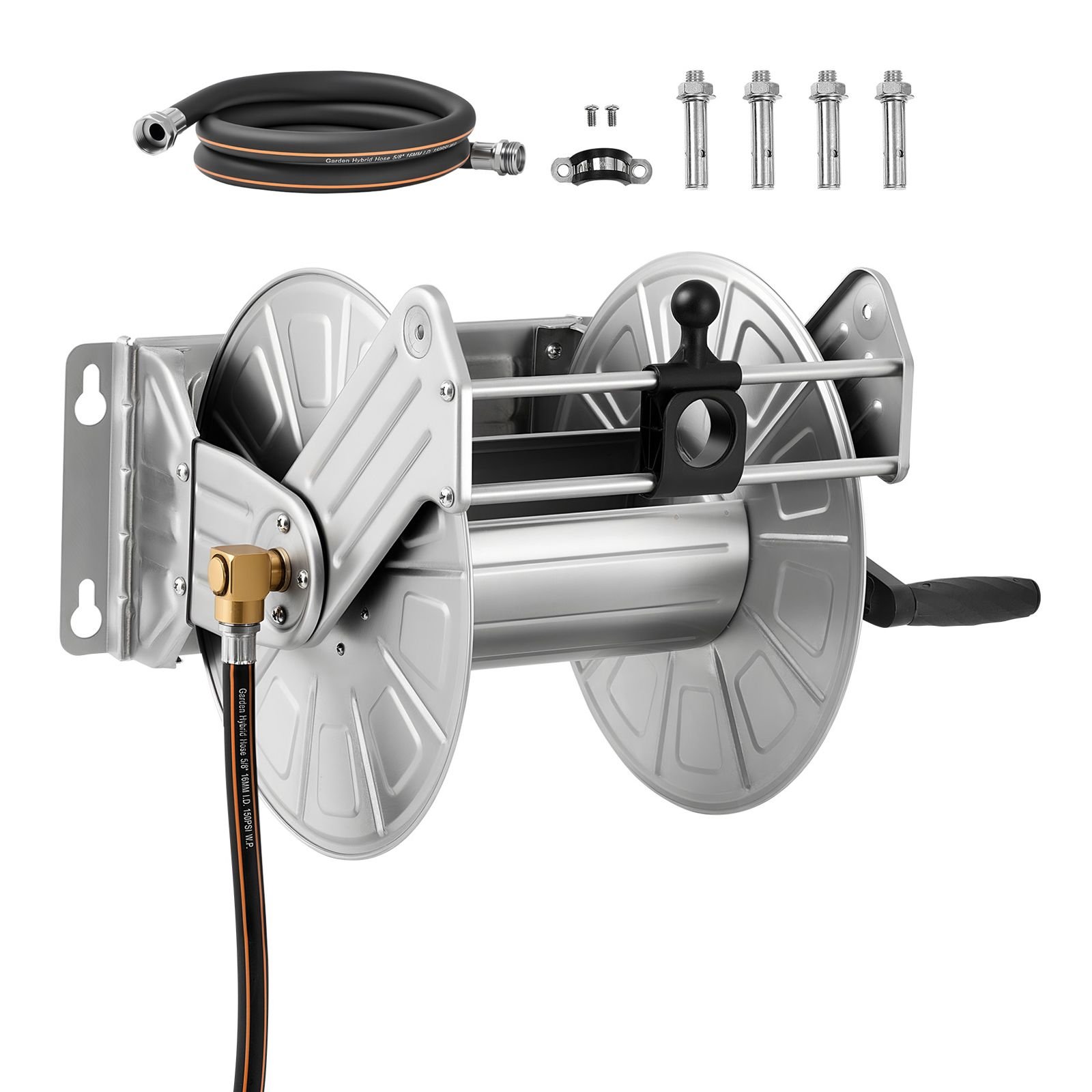wall mounted garden hose reel, holds 150 ft 5/8 inch water hose winder, heavy duty stainless steel, outdoor manual reel with brass fitting & hose guide, space saving, for yard lawn garage