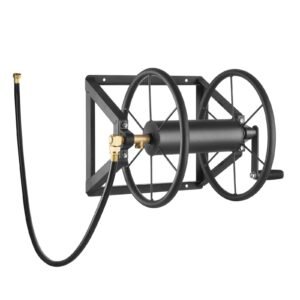 wall mounted garden hose reel, holds 200 ft 5/8 inch manual water hose winder, heavy duty steel, outdoor reel with brass fitting & 5ft leader hose, space saving, for yard lawn garage