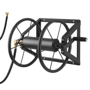 wall mounted garden hose reel, holds 200 ft 5/8 inch manual water hose winder, heavy duty steel, outdoor reel with brass fitting & 5ft leader hose, space saving, for yard lawn garage