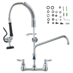 wall mounted kitchen faucet, 25" tall, 8" center distance, 12" rotatable spout, includes pre rinse spray, brass build, pull down feature, suitable for multi compartment sinks
