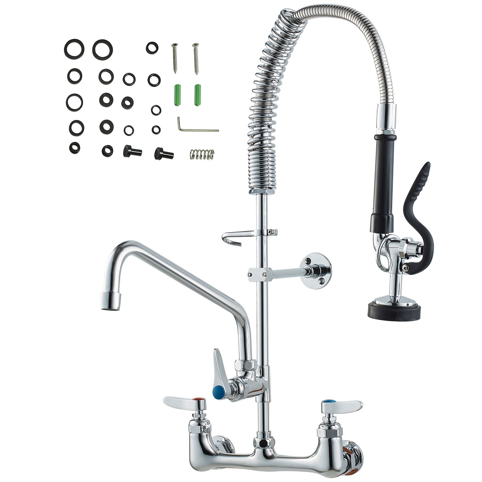 wall mounted kitchen faucet, 25" tall, 8" center distance, 12" rotatable spout, includes pre rinse spray, brass build, pull down feature, suitable for multi compartment sinks