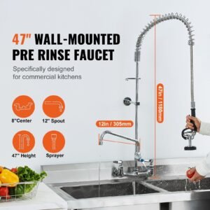 wall mounted kitchen faucet, 47" tall, 8" apart, with 12" rotating spout and pre rinse spray, brass build, pull down feature for multi compartment sinks
