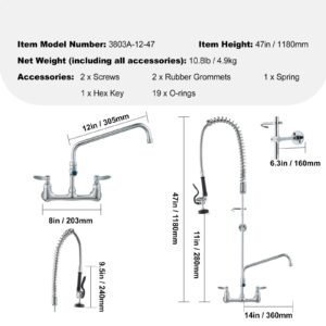 wall mounted kitchen faucet, 47" tall, 8" apart, with 12" rotating spout and pre rinse spray, brass build, pull down feature for multi compartment sinks
