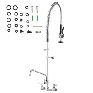 Wall-Mounted Kitchen Faucet, 47" Tall, 8" Apart, with 12" Rotating Spout and Pre-Rinse Spray, Brass Build, Pull-Down Feature for Multi-Compartment Sinks