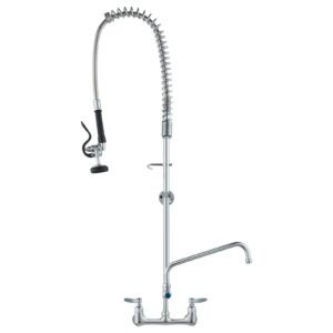 wall mounted kitchen faucet, 47" tall, 8" apart, with 12" rotating spout and pre rinse spray, brass build, pull down feature for multi compartment sinks