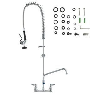 wall mounted kitchen faucet, 47" tall, 8" apart, with 12" rotating spout and pre rinse spray, brass build, pull down feature for multi compartment sinks