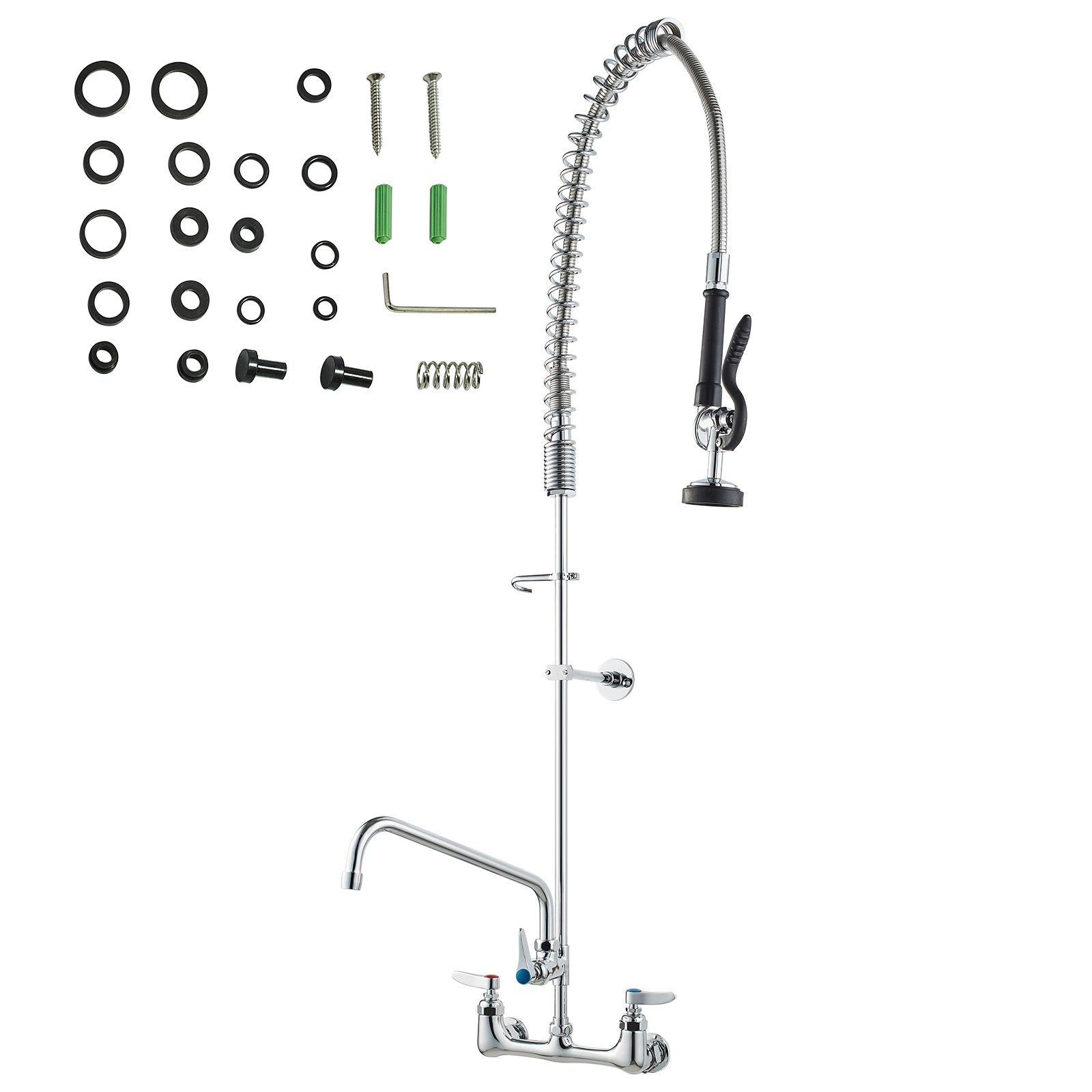 wall mounted kitchen faucet, 47" tall, 8" apart, with 12" rotating spout and pre rinse spray, brass build, pull down feature for multi compartment sinks