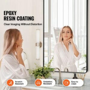 wall mounted makeup mirror, 0.15" thick, 30" x 48" mirror with aluminium alloy frame & explosion proof film, scratch resistant mirror with z shaped bracket, fit for bathroom/bedroom/living room