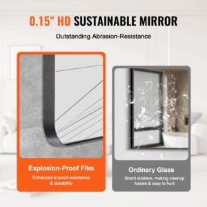 wall mounted makeup mirror, 0.15" thick, 30" x 48" mirror with aluminium alloy frame & explosion proof film, scratch resistant mirror with z shaped bracket, fit for bathroom/bedroom/living room