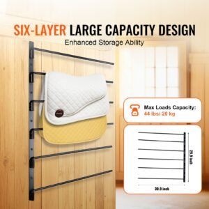 wall mounted saddle rack, 30.9 x 29.9 x 5.5 in, swing out saddle holder, six tiers horse saddle stand, space saving horse pad and blanket rack for tack room organization trailer accessories