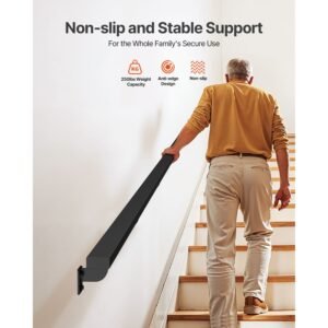 wall mounted stair handrail, 15ft black aluminum staircase handrail indoor, 250lbs load capacity, industrial railing hand rail for steps, square tube for loft porch deck, 6 sections