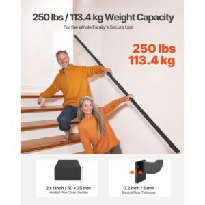 wall mounted stair handrail, 15ft black aluminum staircase handrail indoor, 250lbs load capacity, industrial railing hand rail for steps, square tube for loft porch deck, 6 sections