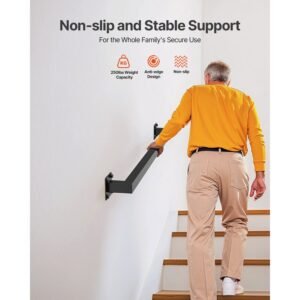 wall mounted stair handrail, 4ft black iron staircase handrail indoor, 250lbs load capacity, industrial railing hand rail for steps, square tube for loft porch deck, 2 sections