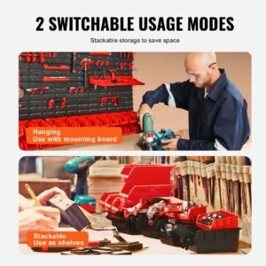 wall mounted storage bins, 30 bin parts rack organizer garage plastic shop tool with wall panels/tool holders/hooks, tool organizer for nuts, bolts, screws, nails, beads, buttons, black and red