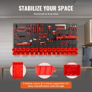 wall mounted storage bins, 30 bin parts rack organizer garage plastic shop tool with wall panels/tool holders/hooks, tool organizer for nuts, bolts, screws, nails, beads, buttons, black and red