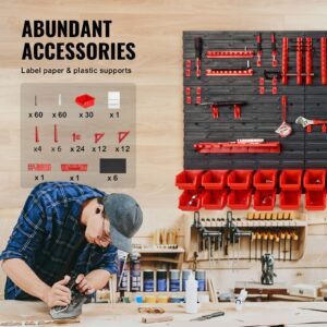 wall mounted storage bins, 30 bin parts rack organizer garage plastic shop tool with wall panels/tool holders/hooks, tool organizer for nuts, bolts, screws, nails, beads, buttons, black and red