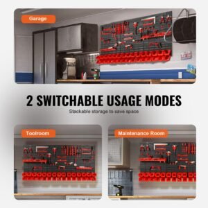 wall mounted storage bins, 30 bin parts rack organizer garage plastic shop tool with wall panels/tool holders/hooks, tool organizer for nuts, bolts, screws, nails, beads, buttons, black and red