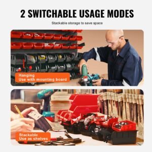 wall mounted storage bins, 48 bin parts rack organizer garage plastic shop tool with wall panels, tool organizer for nuts, bolts, screws, nails, beads, buttons, other small parts, black and red