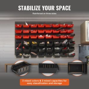 wall mounted storage bins, 48 bin parts rack organizer garage plastic shop tool with wall panels, tool organizer for nuts, bolts, screws, nails, beads, buttons, other small parts, black and red