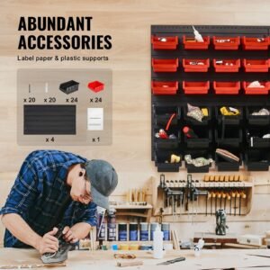 wall mounted storage bins, 48 bin parts rack organizer garage plastic shop tool with wall panels, tool organizer for nuts, bolts, screws, nails, beads, buttons, other small parts, black and red