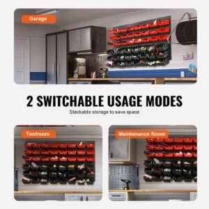 wall mounted storage bins, 48 bin parts rack organizer garage plastic shop tool with wall panels, tool organizer for nuts, bolts, screws, nails, beads, buttons, other small parts, black and red