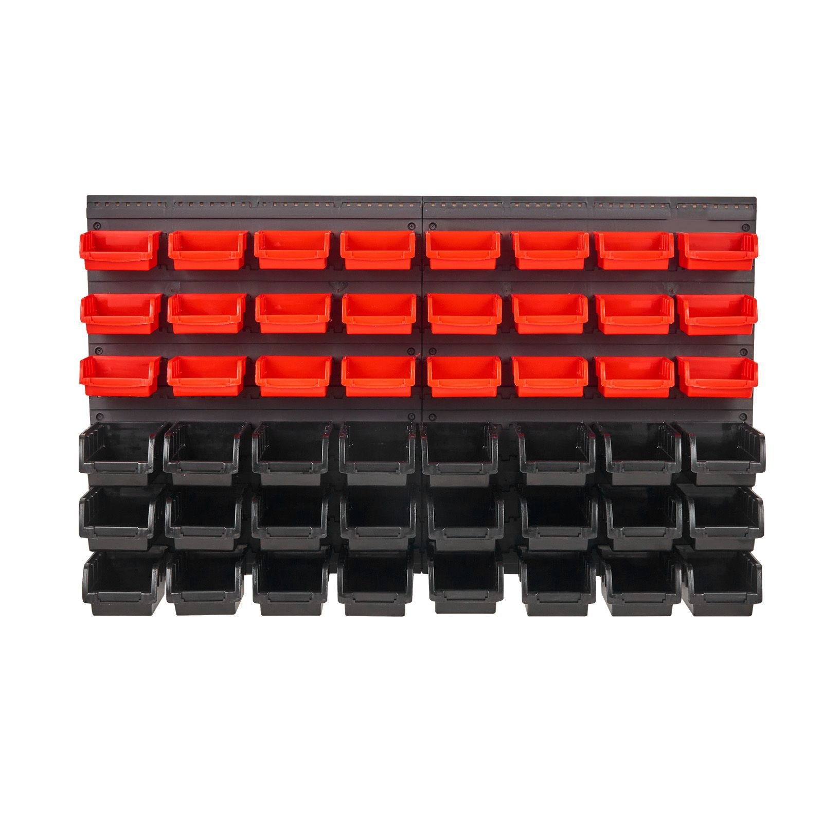 wall mounted storage bins, 48 bin parts rack organizer garage plastic shop tool with wall panels, tool organizer for nuts, bolts, screws, nails, beads, buttons, other small parts, black and red