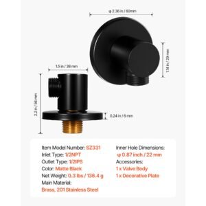 wall mounted supply elbow, wall supply elbow with o ring flange, tapered 1/2" npt female inlet, solid brass wall union, round walls union water supplying, matte black finish, 1/2" ips