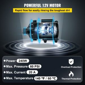 washdown pump, 12v dc, 7 gpm 60 psi, max. 10 ft lift self priming water pump, with epdm valve, universal salt water strainer & female/male thread, for rv, marine deck, yacht