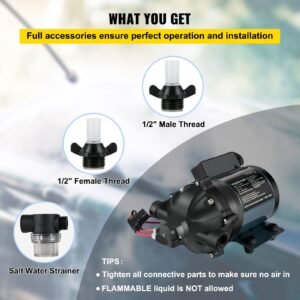 washdown pump, 12v dc, 7 gpm 60 psi, max. 10 ft lift self priming water pump, with epdm valve, universal salt water strainer & female/male thread, for rv, marine deck, yacht