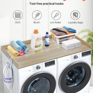 washer dryer countertop, 54" x 27" wooden washer and dryer countertop, water resistant laundry machine topper cover with anti slip pads, for laundry room organization and storage, oak
