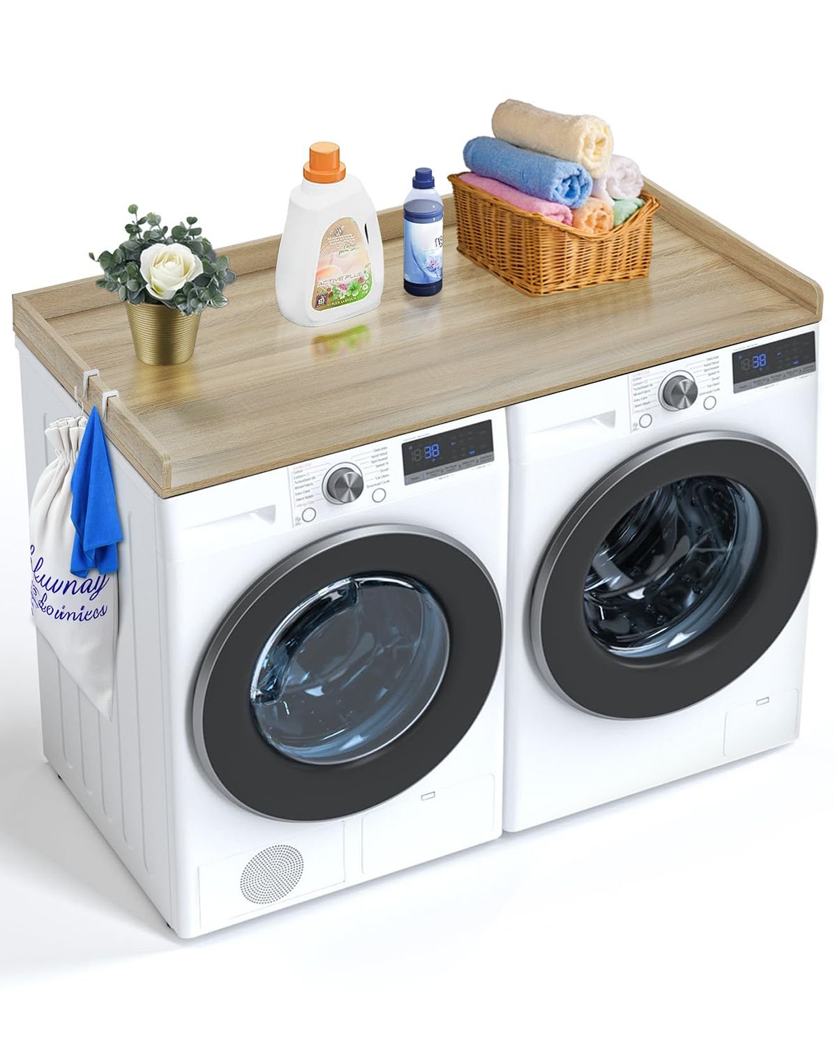 washer dryer countertop, 54" x 27" wooden washer and dryer countertop, water resistant laundry machine topper cover with anti slip pads, for laundry room organization and storage, oak
