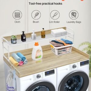 washer dryer countertop with 2 tier shelf, 54" x 27" wooden washer and dryer countertop with anti slip pads, water resistant laundry topper cover for laundry room organization and storage, oak