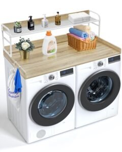 Washer Dryer Countertop with 2-Tier Shelf, 54" x 27" Wooden Washer and Dryer Countertop with Anti-Slip Pads, Water-Resistant Laundry Topper Cover for Laundry Room Organization and Storage, Oak