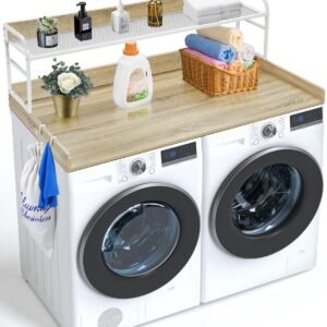 washer dryer countertop with 2 tier shelf, 54" x 27" wooden washer and dryer countertop with anti slip pads, water resistant laundry topper cover for laundry room organization and storage, oak