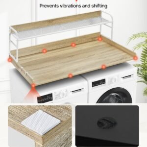 washer dryer countertop with 2 tier shelf, 54" x 27" wooden washer and dryer countertop with anti slip pads, water resistant laundry topper cover for laundry room organization and storage, oak
